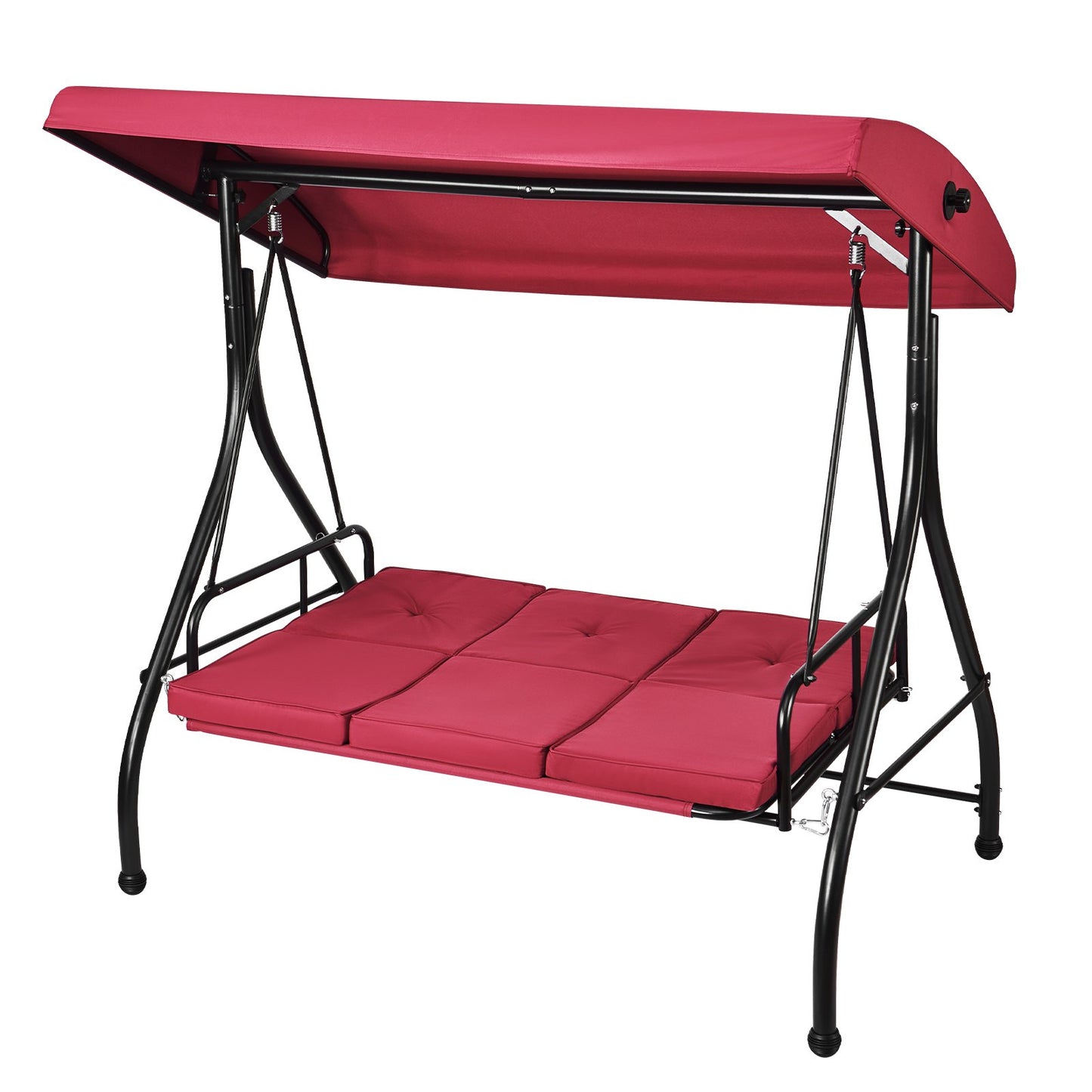 3-Seater Patio Rocking Chair, Converting Canopy Swing, Outdoor Patio Porch with Adjustable Canopy, Removable Thick Cushion and Alloy Steel Frame, for Balcony, Backyard, Poolside, Burgundy
