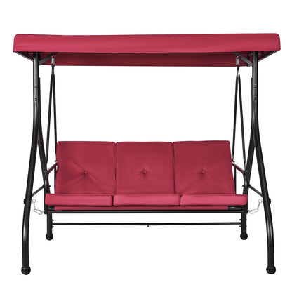 3-Seater Patio Rocking Chair, Converting Canopy Swing, Outdoor Patio Porch with Adjustable Canopy, Removable Thick Cushion and Alloy Steel Frame, for Balcony, Backyard, Poolside, Burgundy