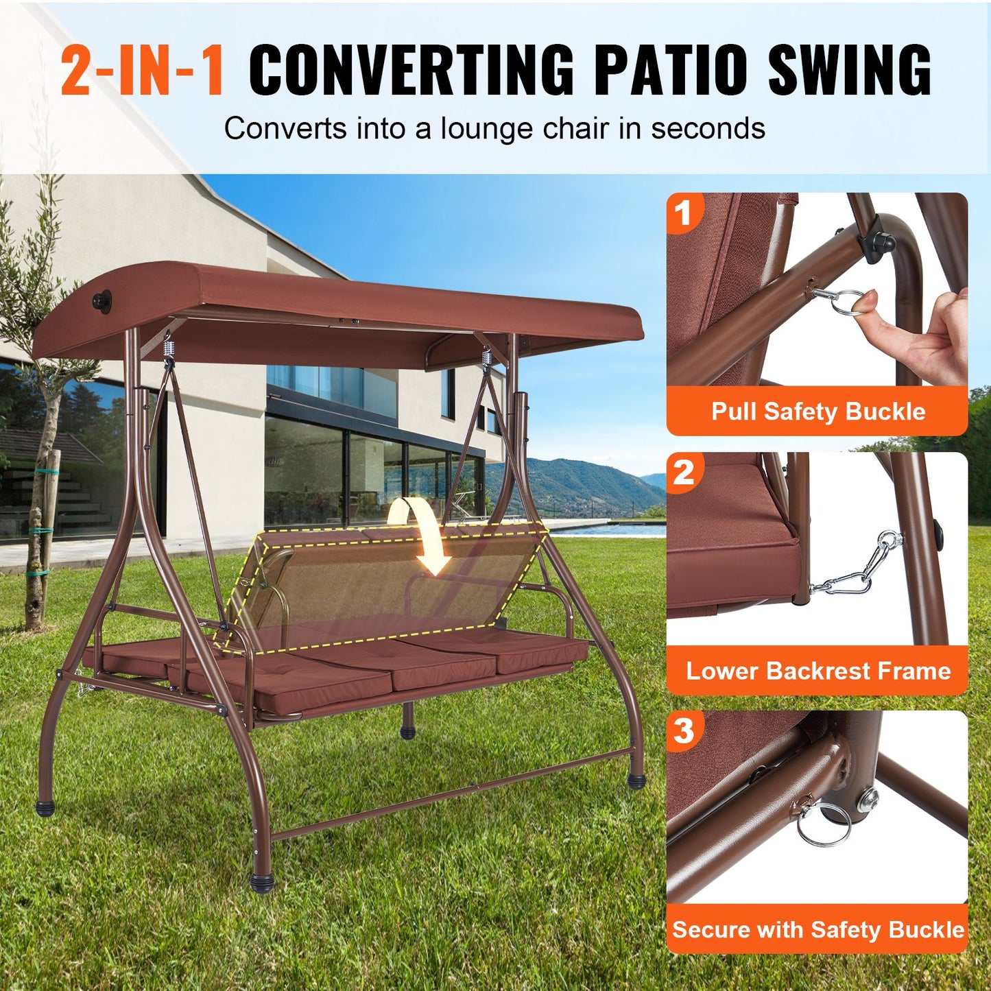 3-sits uteplats gungstol, konverterande canopy gunga, uteplats veranda med justerbar baldakin, avtagbar tjock kudde och legerat stålram, för balkong, bakgård, poolside, brun