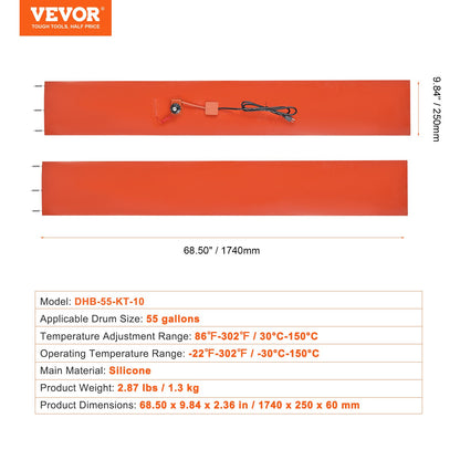 55 gallon metalltrumvärmare 1200 watt 10 tum bredd, 86-302℉ justerbar