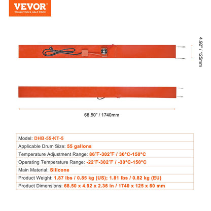 55 gallon metalltrumvärmare 1200 watt 5 tum Bredd 86-302℉ Justerbar