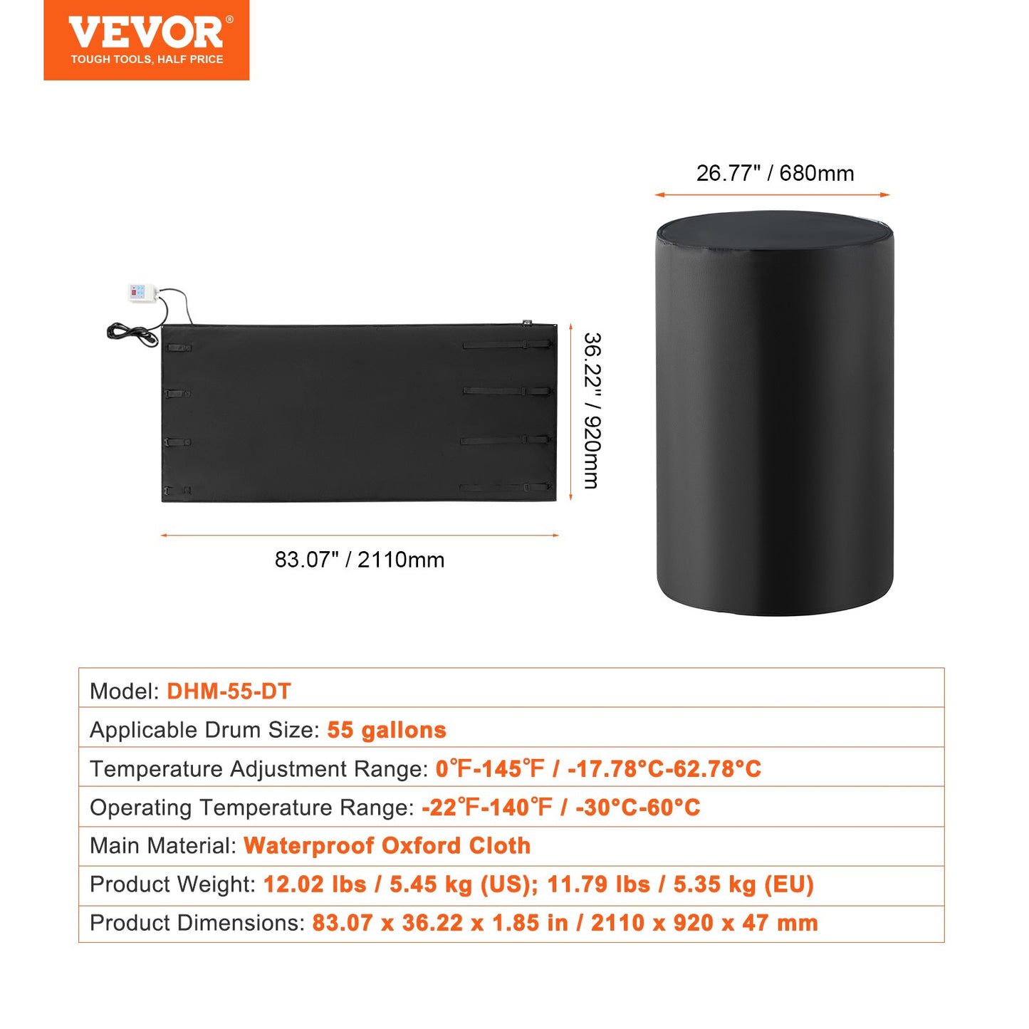 55 Gal metalltrumvärmare 1300W 0-145℉ Justerbar med oberoende termostat