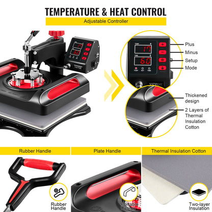 Heat Press Machine 12 x 15 Inch 360° Rotation Swing Away Red Heat Press 5 In 1 Heat Press 1000W Sublimationsmaskin 5 I 1 Skjorta tryckmaskin Dual-Tube Värme för gör-det-själv muggar och t-shirts Keps
