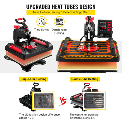 Heat Press Machine 12 x 15 Inch 360° Rotation Swing Away Red Heat Press 5 In 1 Heat Press 1000W Sublimationsmaskin 5 I 1 Skjorta tryckmaskin Dual-Tube Värme för gör-det-själv muggar och t-shirts Keps