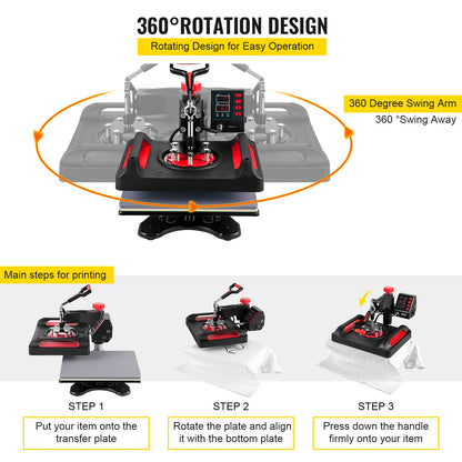 Heat Press Machine 12 x 15 Inch 360° Rotation Swing Away Red Heat Press 5 In 1 Heat Press 1000W Sublimationsmaskin 5 I 1 Skjorta tryckmaskin Dual-Tube Värme för gör-det-själv muggar och t-shirts Keps