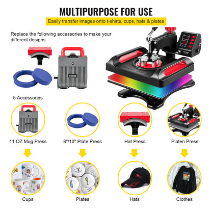 Heat Press Machine 12 x 15 Inch 360° Rotation Swing Away Red Heat Press 5 In 1 Heat Press 1000W Sublimationsmaskin 5 I 1 Skjorta tryckmaskin Dual-Tube Värme för gör-det-själv muggar och t-shirts Keps