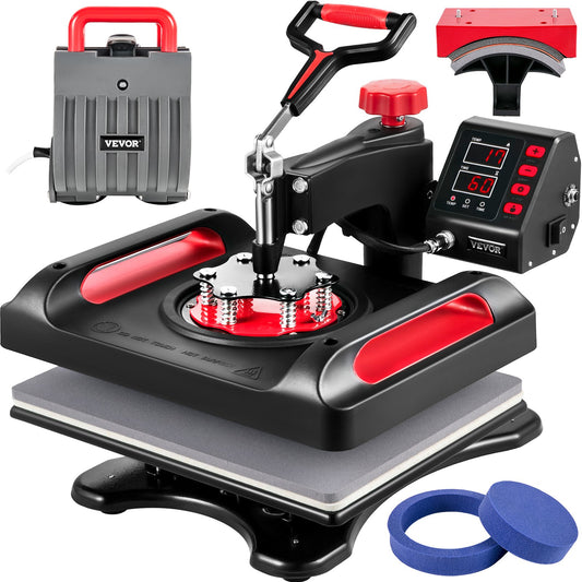Heat Press Machine 12 x 15 Inch 360° Rotation Swing Away Red Heat Press 5 In 1 Heat Press 1000W Sublimationsmaskin 5 I 1 Skjorta tryckmaskin Dual-Tube Värme för gör-det-själv muggar och t-shirts Keps