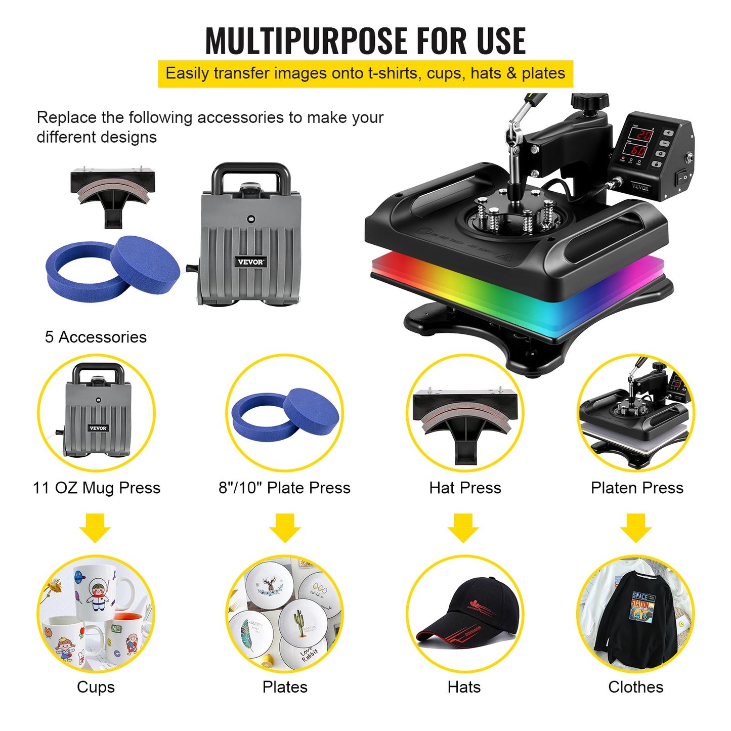 Wärmepresse 12 x 15 Zoll 5-in-1-Shirt-Druckmaschine 360°-Drehung Schwenkbare Wärmepresse 5-in-1-Wärmepresse 1000-W-Sublimationsmaschine Doppelrohrheizung für selbstgemachte T-Shirts und Kappen