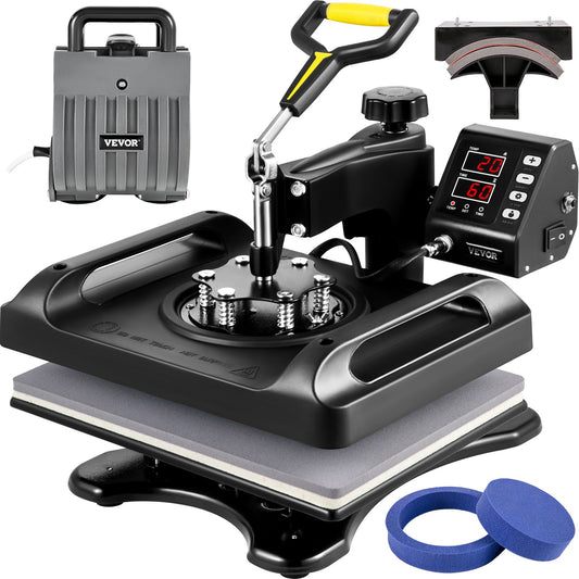 Heat Press Machine 12 x 15 Inch 5 In 1 Skjorte Printing Machine 360° Rotation Swing Away Heat Press 5 In 1 Heat Press 1000W Sublimeringsmaskin Dual-Tube Uppvärmning för DIY T-muggar och skjortor Keps