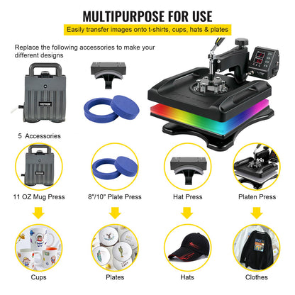 Wärmepresse 15 x 15 Zoll 360°-Drehung Schwenkbare schwarze Wärmepresse 5-in-1-Shirt-Druckmaschine 5-in-1-Wärmepresse 1000-W-Sublimationsmaschine Doppelrohrheizung für DIY-Kappenteller Tassen
