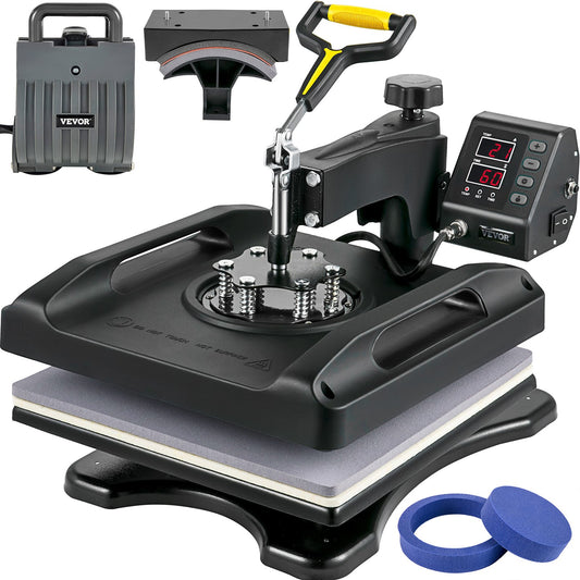 Heat Press Machine 15 x 15 Inch 360° Rotation Swing Away Black Heat Press 5 In 1 Skjorte Print Machine 5 In 1 Heat Press 1000W Sublimeringsmaskin Dual-Tube Uppvärmning för DIY Cap Plates Muggar