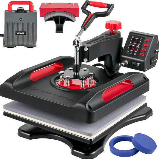 Heat Press Machine 15 x 15 Inch 360° Rotation Swing Away Red Heat Press 5 In 1 Shirt Printing Machine 5 In 1 Heat Press 1000W Sublimeringsmaskin Dual-Tube Uppvärmning för DIY tallrikar Cap Muggar