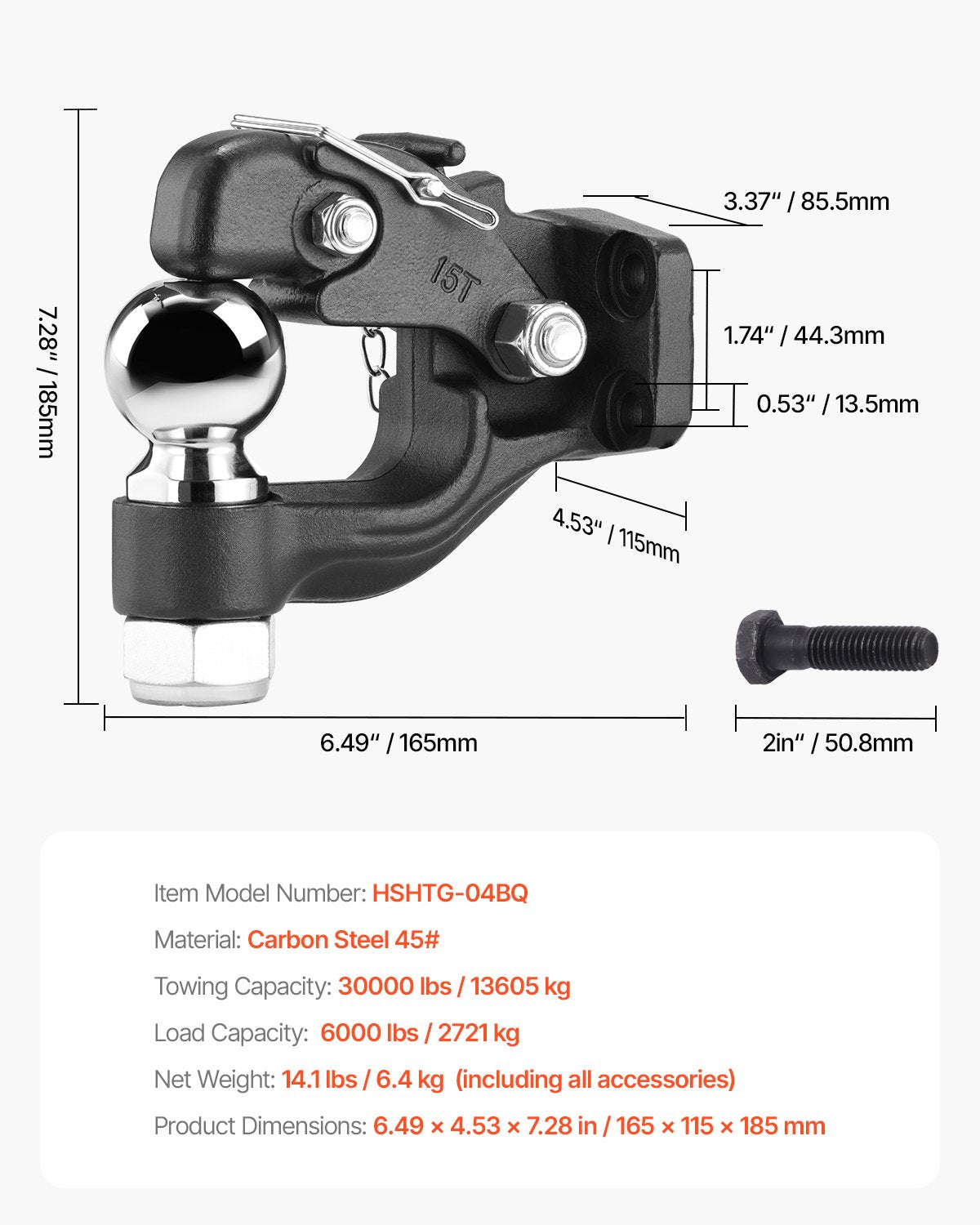 Bolzenkupplung 2-5/16" Halterung Kupplungskugel für 2,5"-3" Lünettenring 30000 lbs