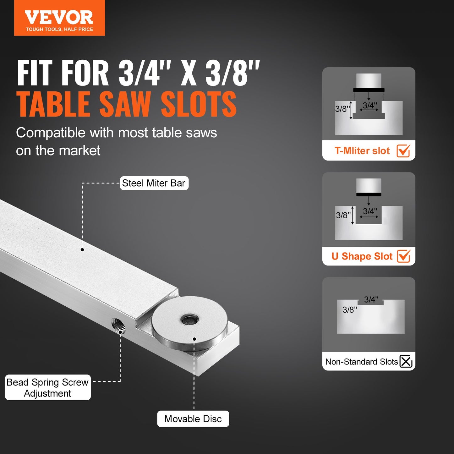 Precisionsgeringsmätare, standardspår 3/4'' x 3/8'', aluminiumlegeringsbordssåg Geringsmätare med 15 vinkelstopp justerbar fjäderbelastad kolv och avtagbar skiva, för bordssåg för träbearbetning