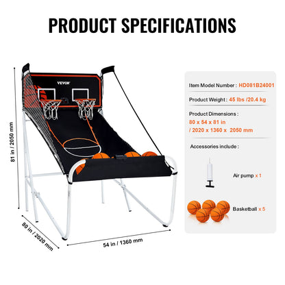 Hopfällbar inomhus Double Shot Basket Arcade Game 2 Player 5 Balls