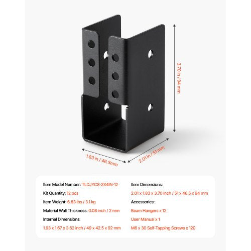 12 pcs. joist brackets for 1.93x3.62 inch/49x92 mm joist concealed joist bracket