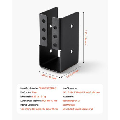 12 pcs. joist brackets for 1.93x3.62 inch/49x92 mm joist concealed joist bracket