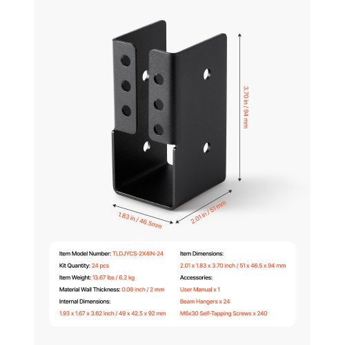 24 pcs. joist brackets for 1.93x3.62 inch/49x92 mm joist concealed joist bracket