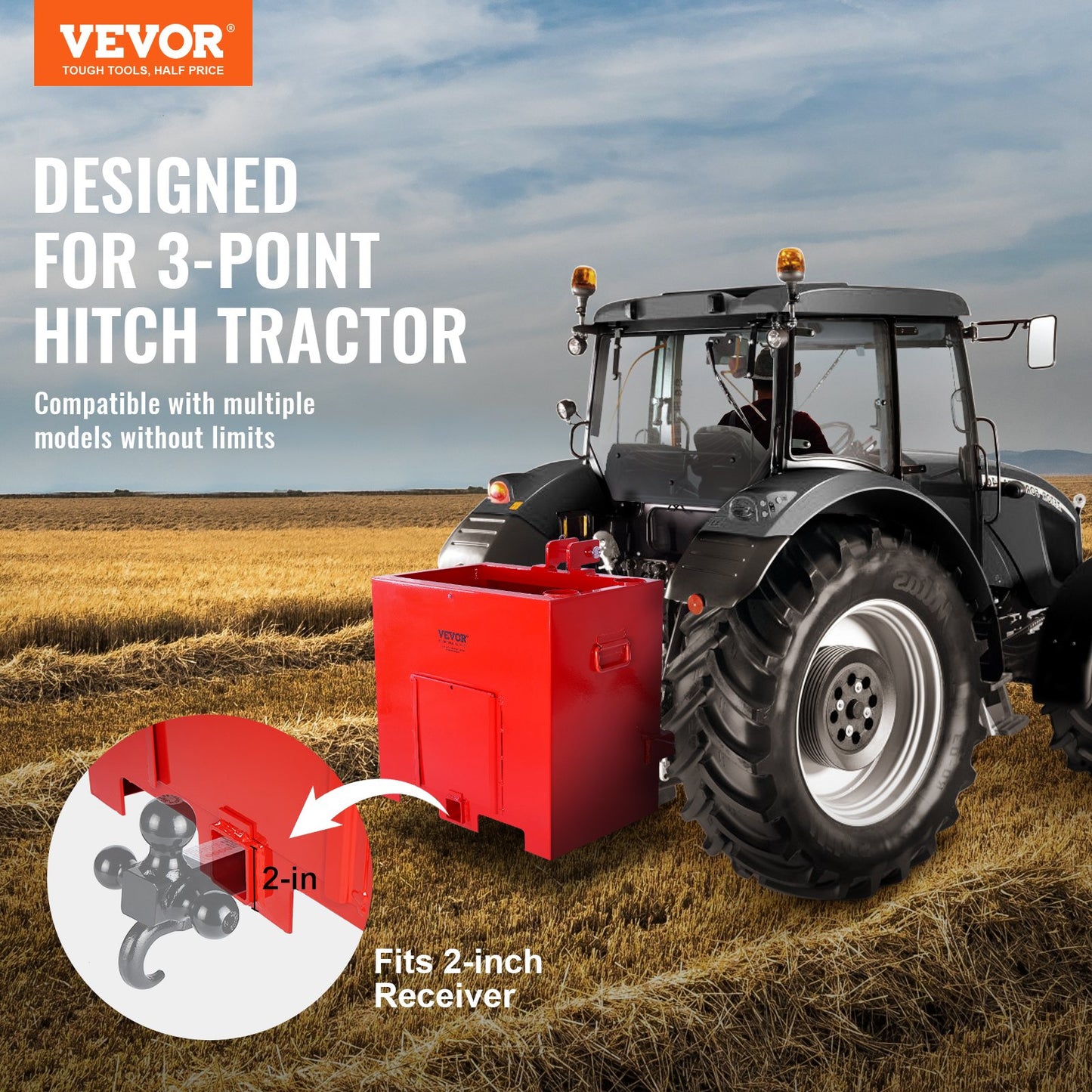 Ballast Box 3-Point Category 1 Tractor, 800lbs Capacity Hitch Ballast Box, for 2'' Hitch Receiver, Tractor Ballast Box with 5cu.ft Volume, Heavy Duty Steel, Red