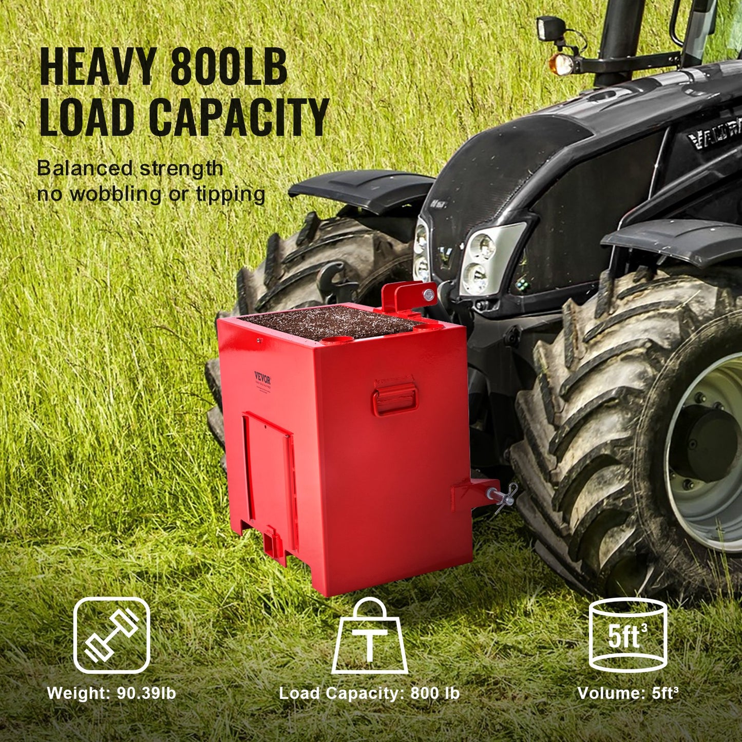 Ballast Box 3-Point Category 1 Tractor, 800lbs Capacity Hitch Ballast Box, for 2'' Hitch Receiver, Tractor Ballast Box with 5cu.ft Volume, Heavy Duty Steel, Red