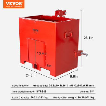 Ballast Box 3-Point Category 1 Tractor, 800lbs Capacity Hitch Ballast Box, for 2'' Hitch Receiver, Tractor Ballast Box with 5cu.ft Volume, Heavy Duty Steel, Red