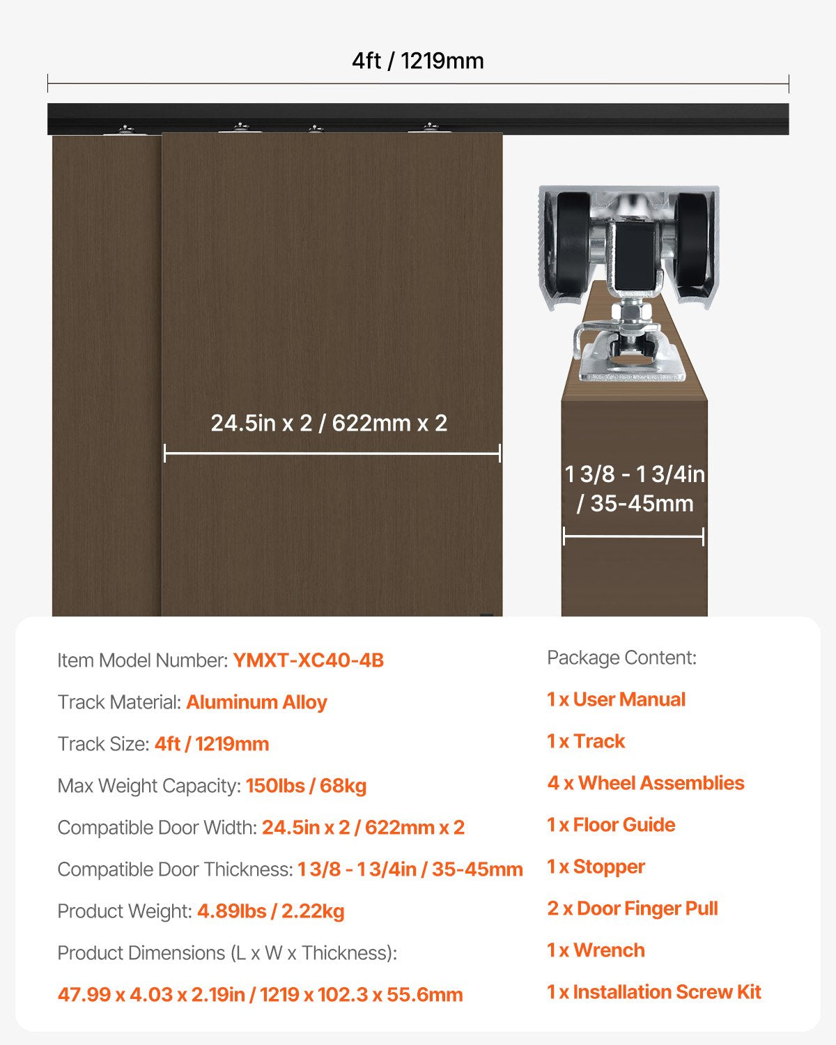 Bypass Door Hardware 4ft Bypass Closet Door Track Kit för 2-dörrssystem