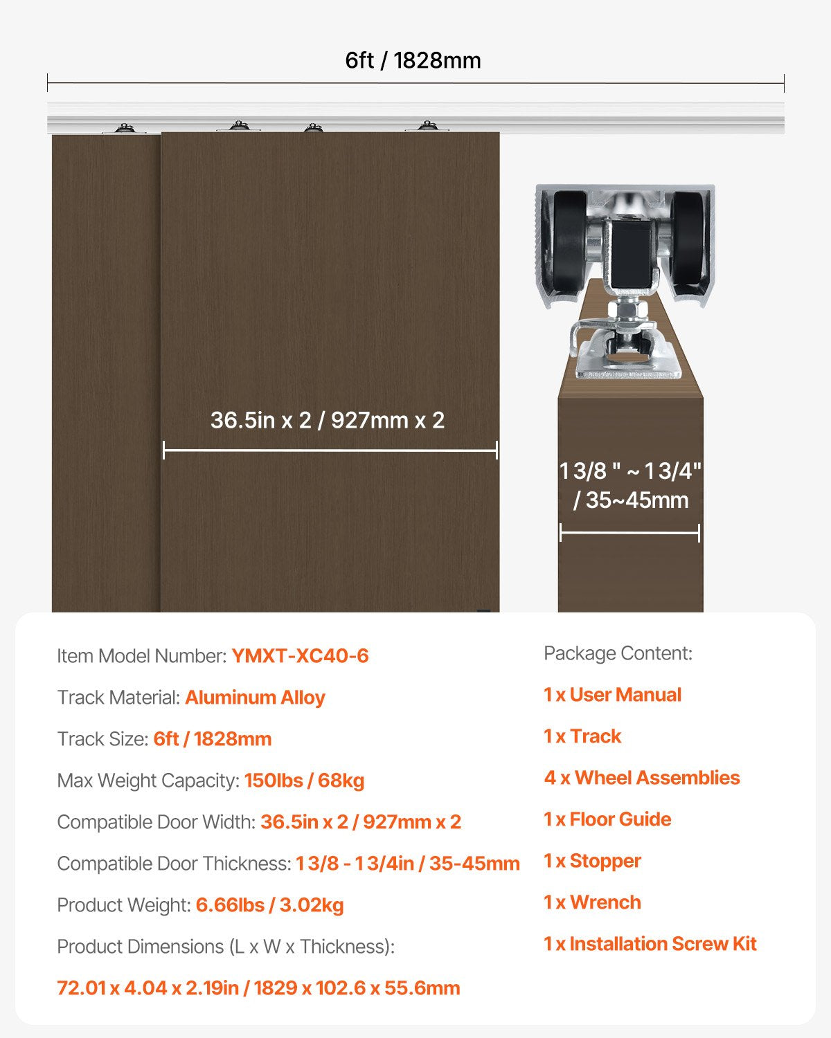 Bypass Door Hardware 6ft Bypass Closet Door Track Kit for 2-Door System