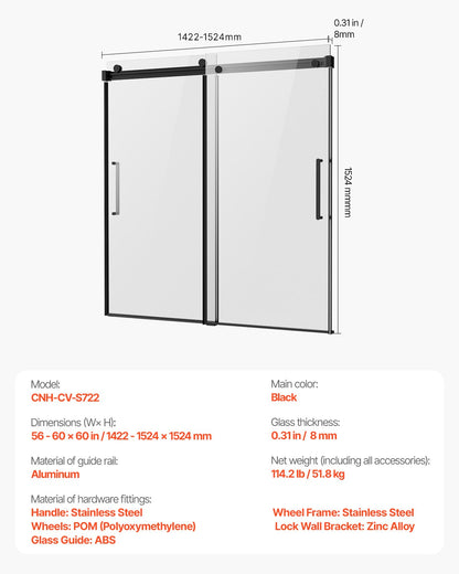 Frameless Sliding Tub Door 56-60 inch W x 60 inch H Frameless Shower Door