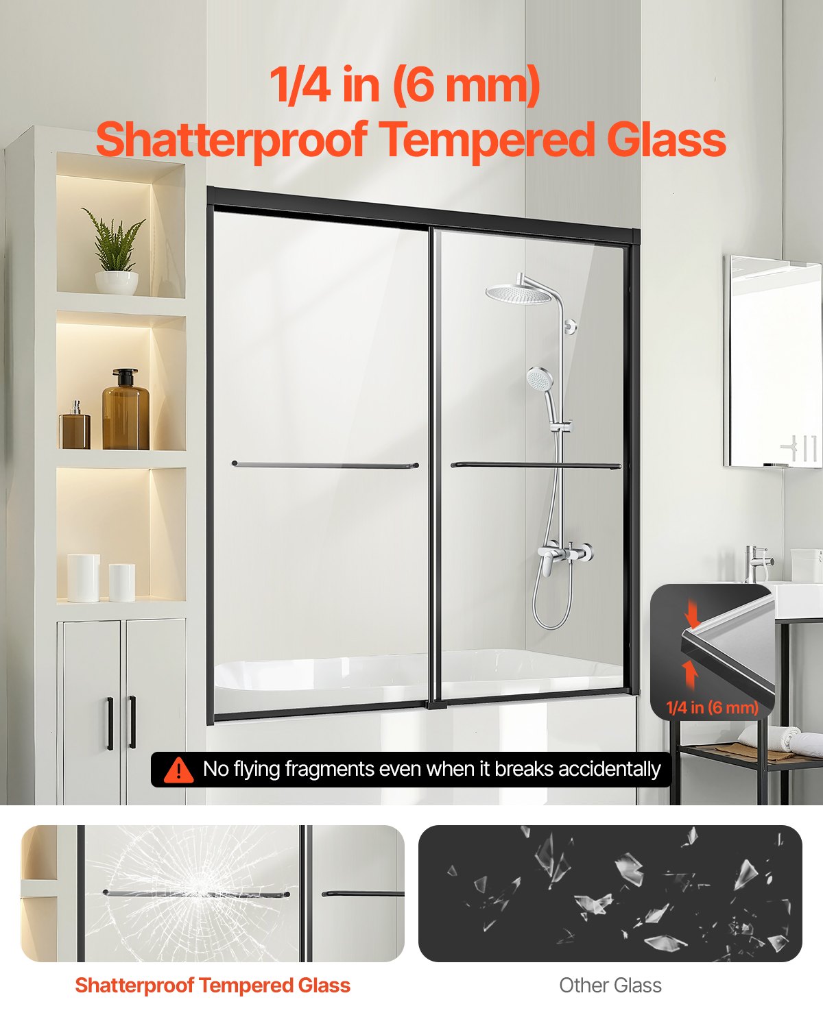 Bathtub Shower Door 50-60 inch W x 60 inch H Semi-Frameless Bypass Bathtub Door