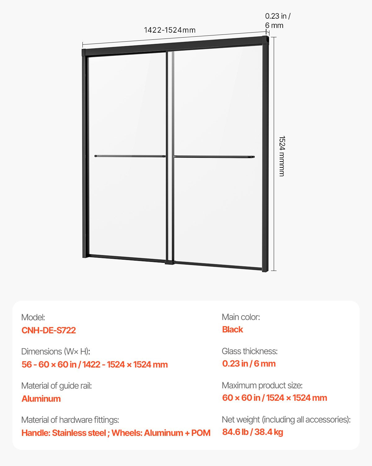 Bathtub Shower Door 50-60 inch W x 60 inch H Semi-Frameless Bypass Bathtub Door