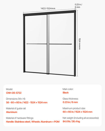 Bathtub Shower Door 50-60 inch W x 60 inch H Semi-Frameless Bypass Bathtub Door