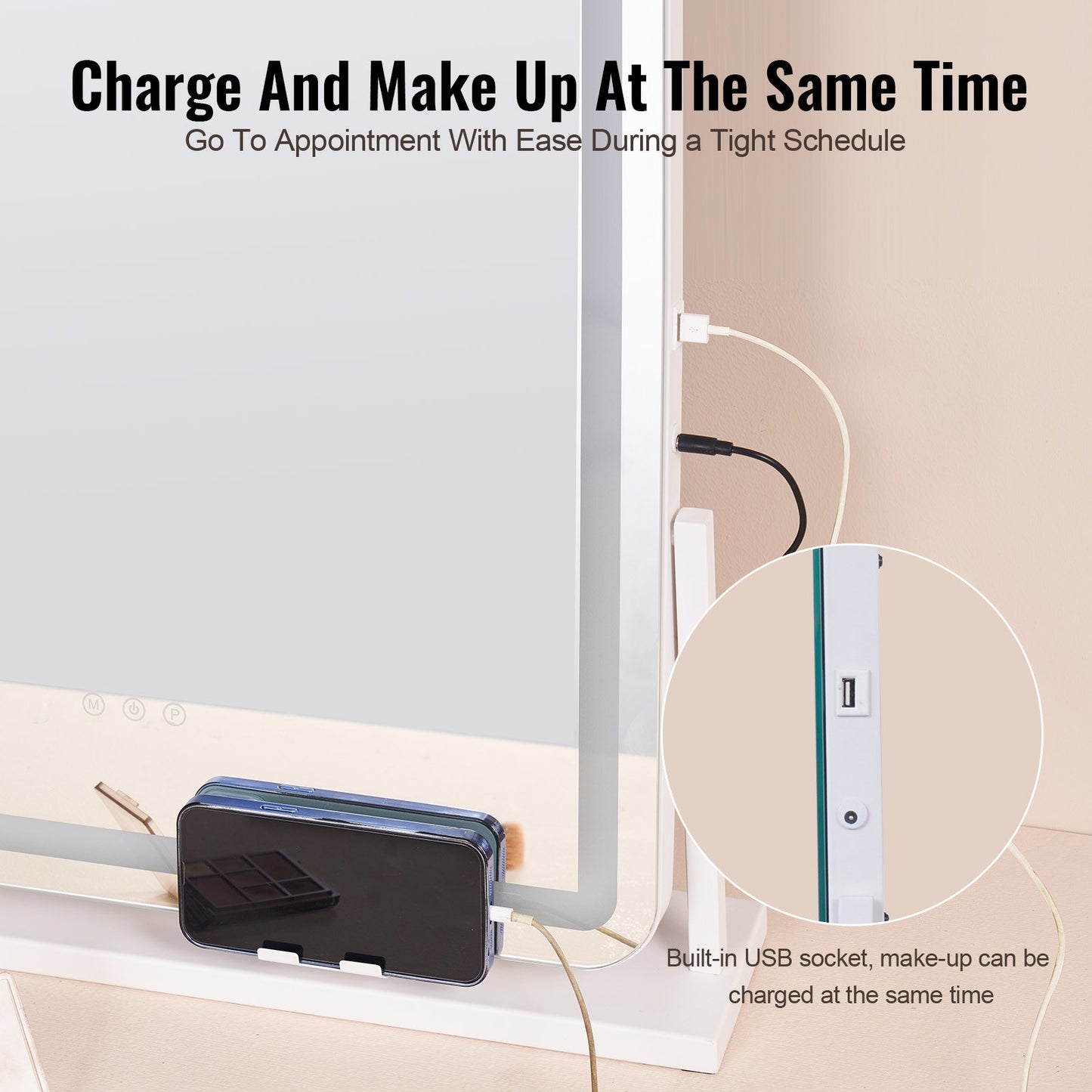 Lighted Makeup Mirror 3-färgad sminkspegel med USB-portförstoring21,7x17,7 tum