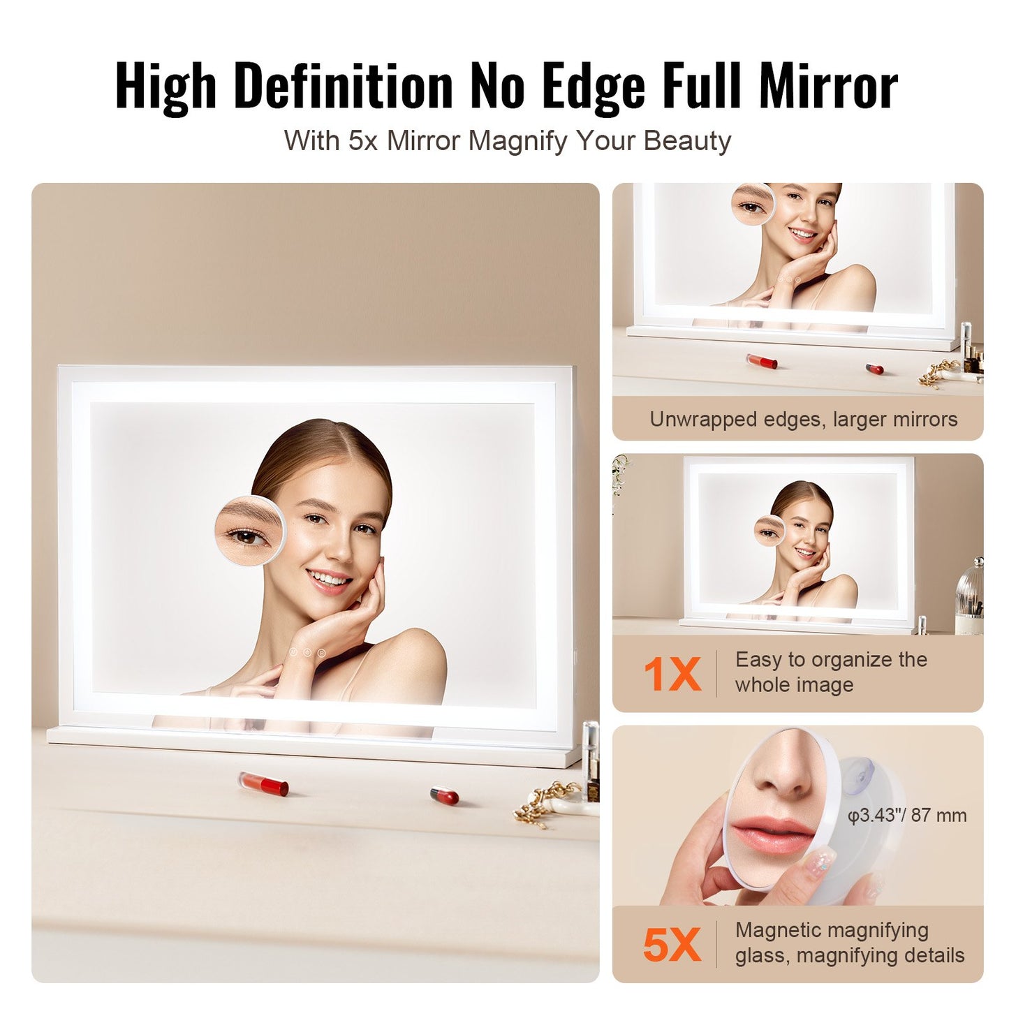 Lighted Makeup Mirror 3 Color Vanity w/ USB Desktop Väggfäste 31,5x21,7in