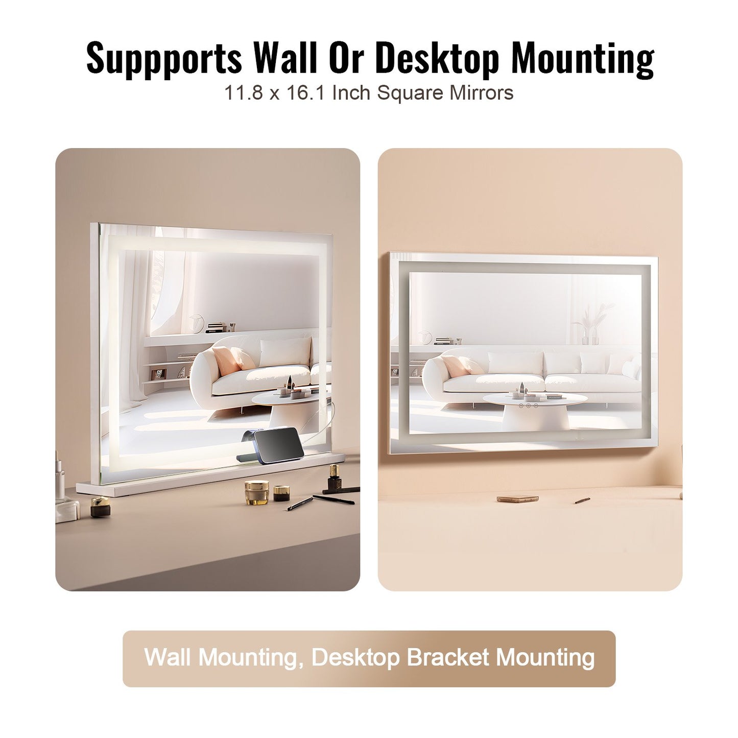 Lighted Makeup Mirror 3 Color Vanity w/ USB Desktop Väggfäste 31,5x21,7in