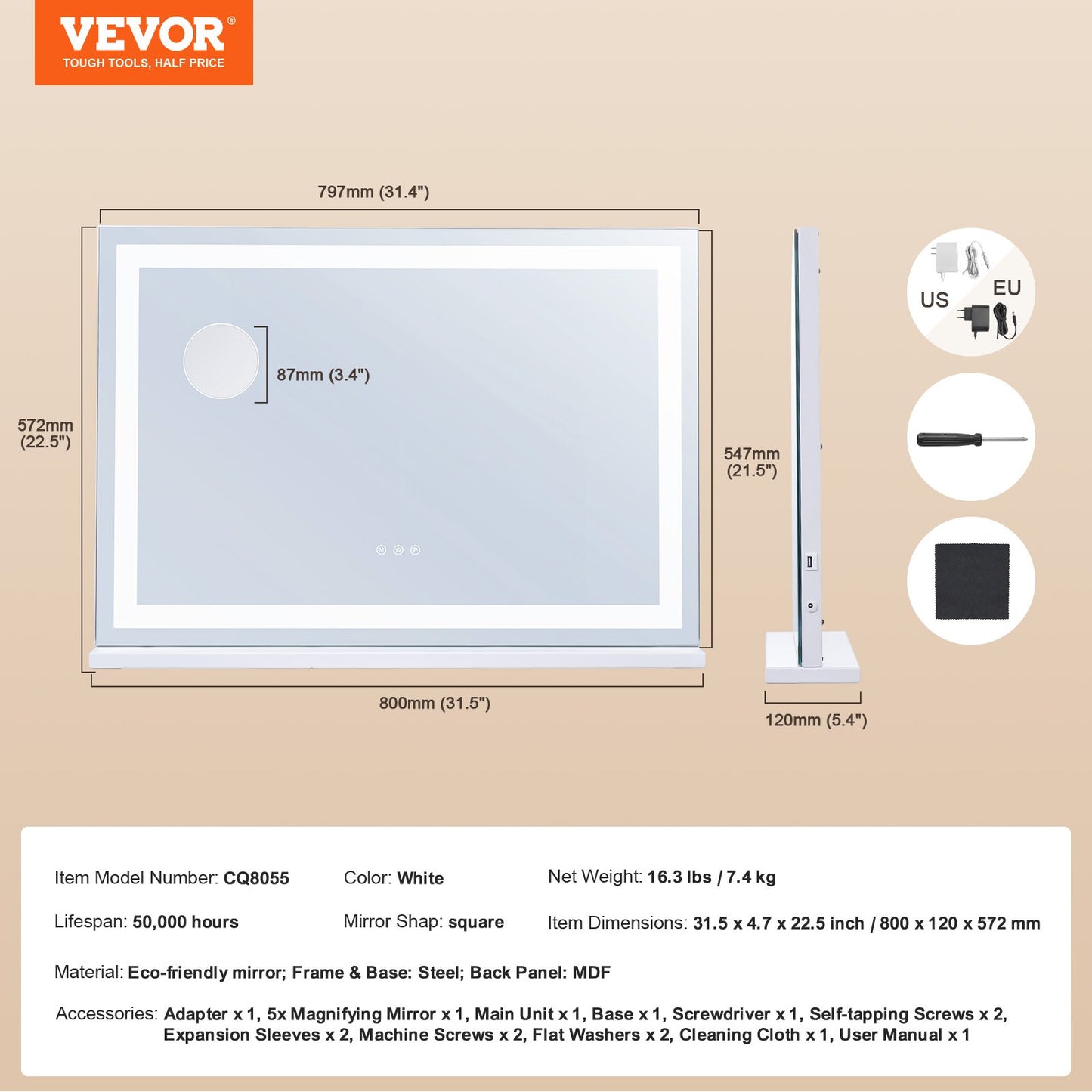 Lighted Makeup Mirror 3 Color Vanity w/ USB Desktop Väggfäste 31,5x21,7in