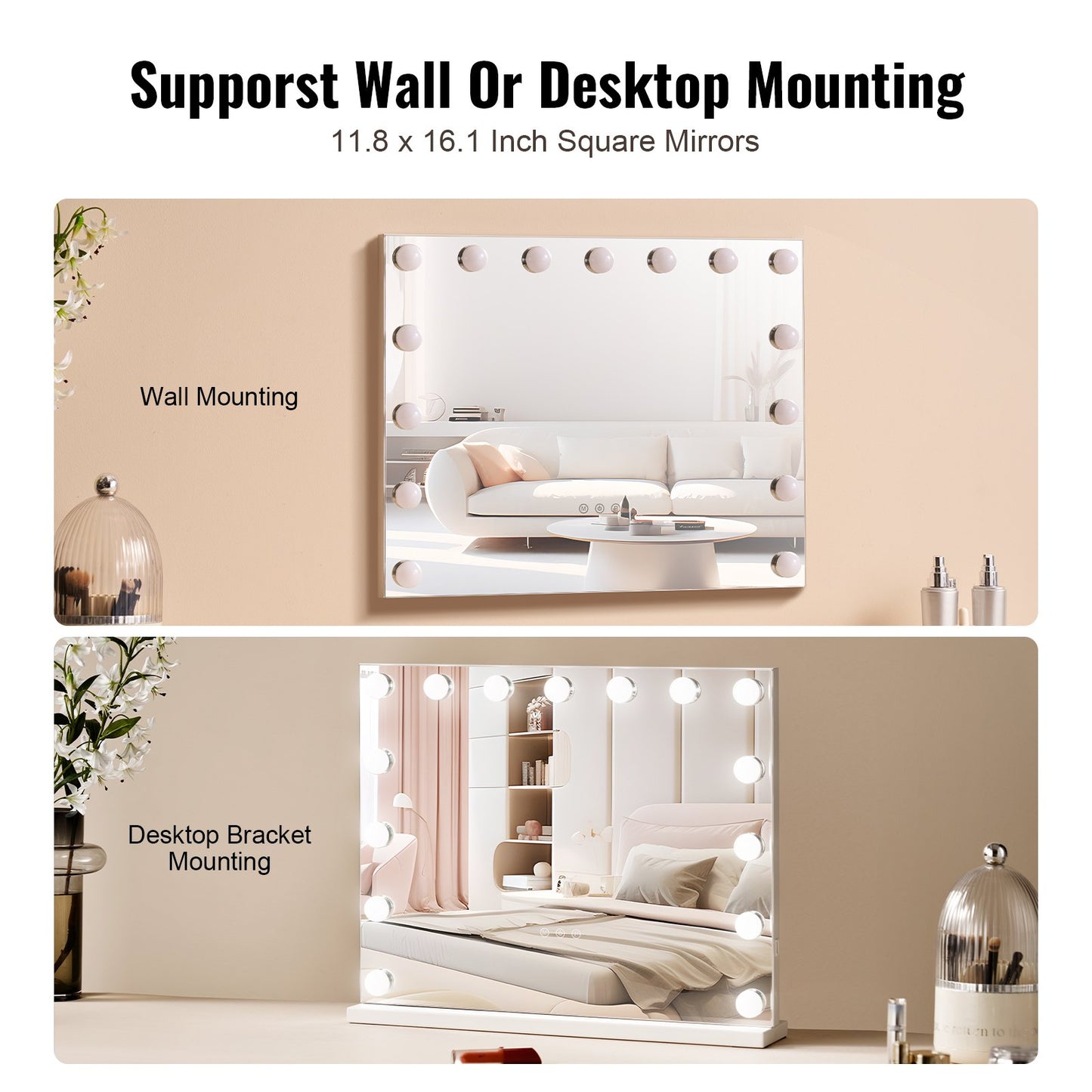 Hollywood sminkspegel med lampor med USB-bord väggfäste 22,8x18,1 tum