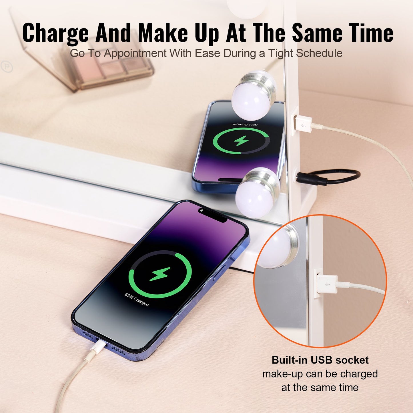 Hollywood sminkspegel med lampor med USB-bord väggfäste 22,8x18,1 tum