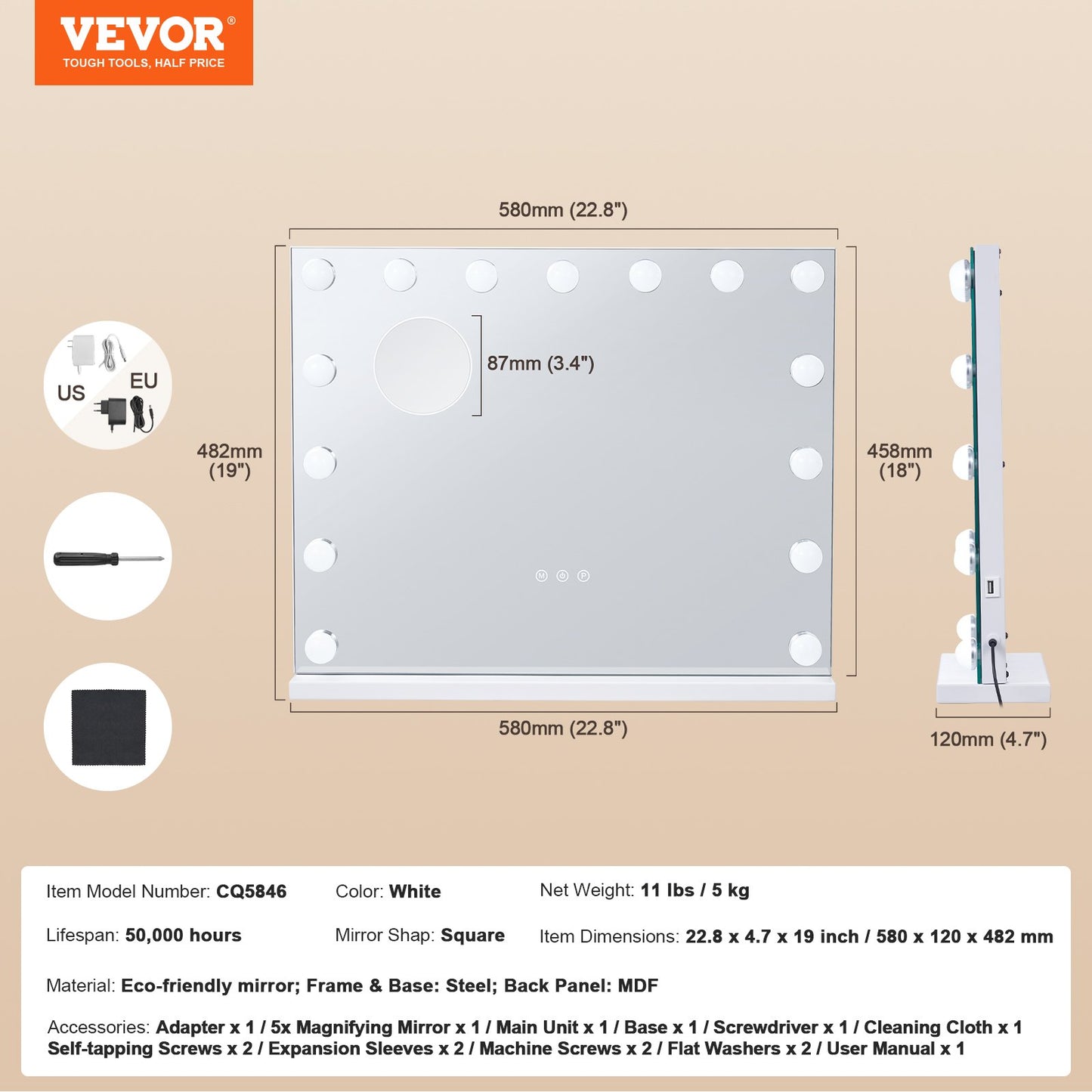 Hollywood sminkspegel med lampor med USB-bord väggfäste 22,8x18,1 tum