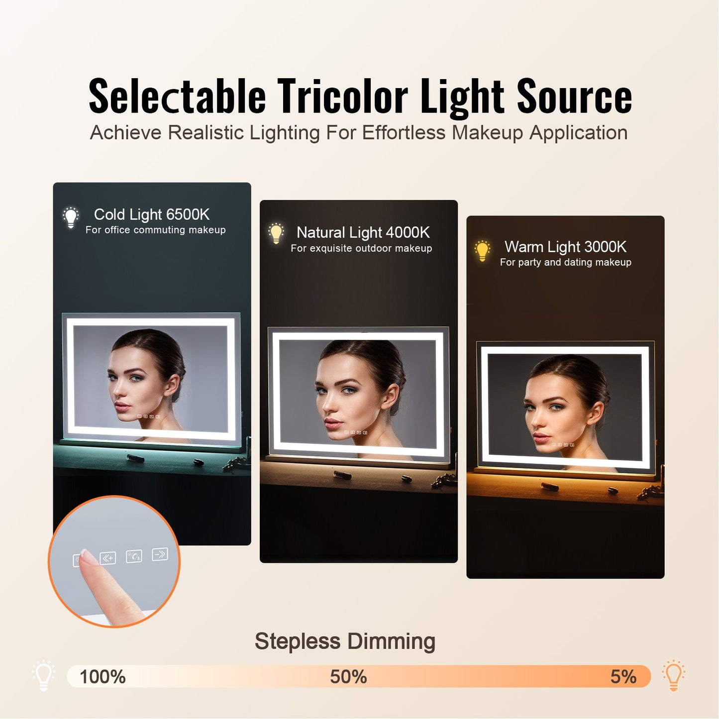 Lighted Makeup Mirror 3 Color med Bluetooth USB Desktop Väggfäste 21,7 tum