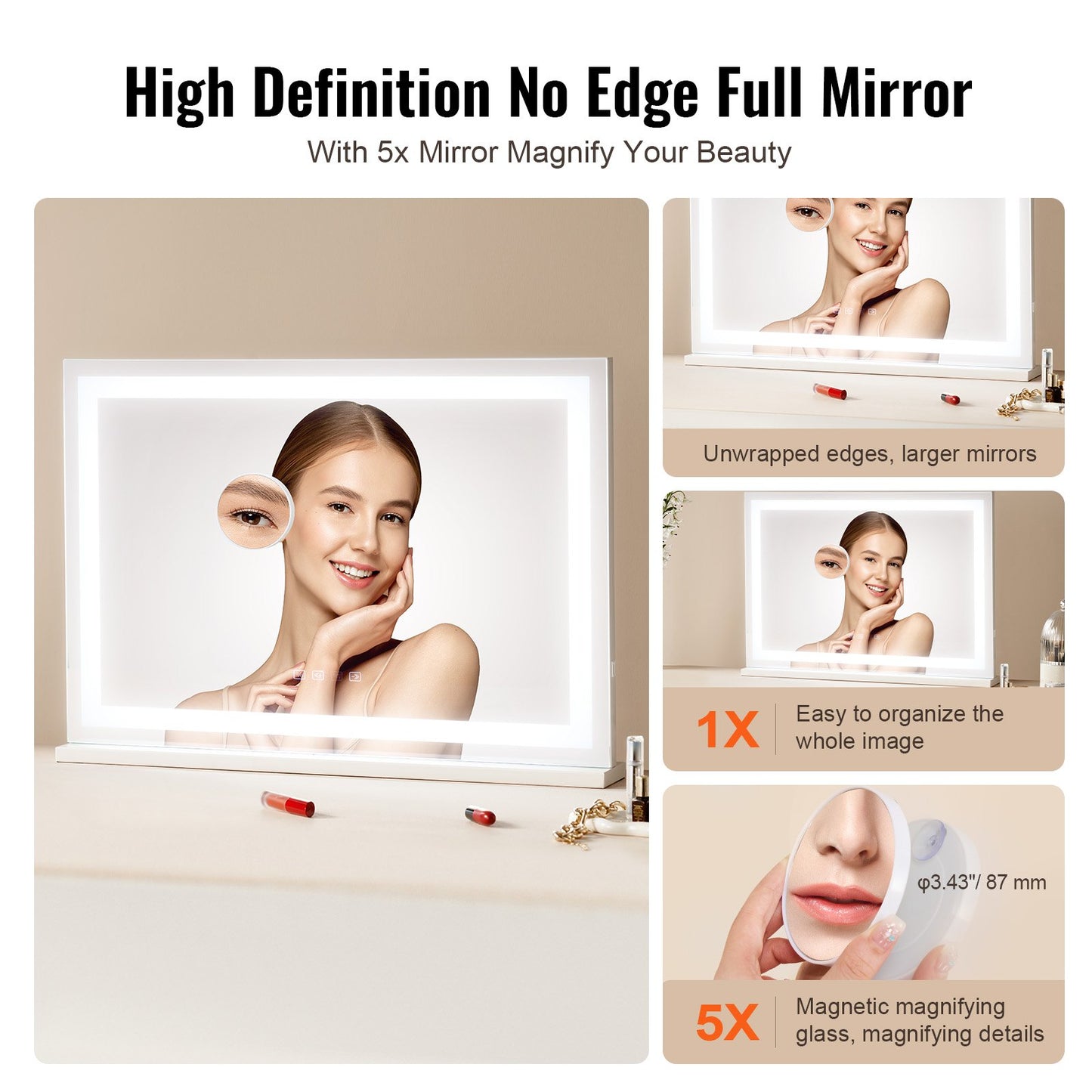 Lighted Makeup Mirror 3 Color med Bluetooth USB Desktop Väggfäste 21,7 tum