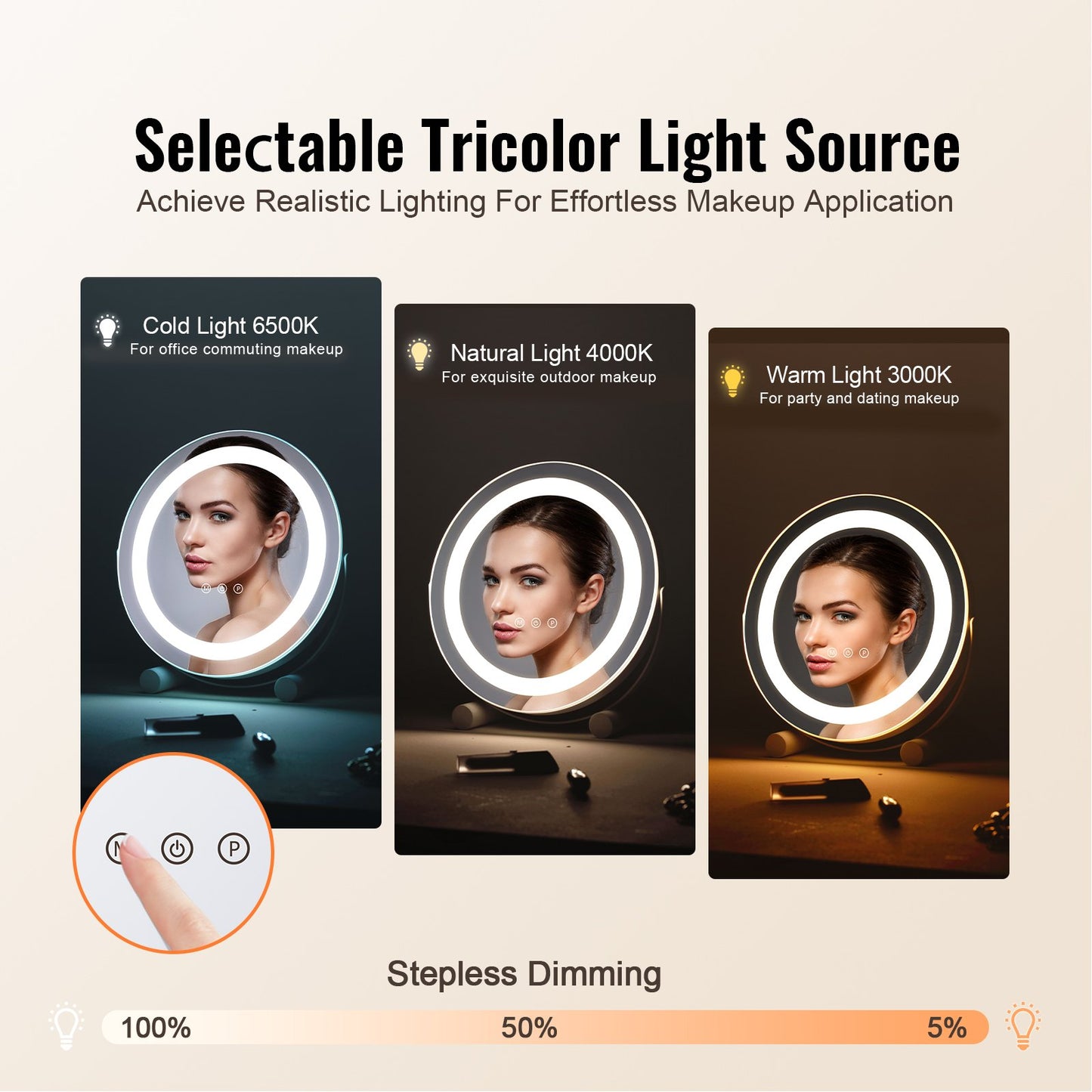 12” Sminkspegel med lampor LED sminkrund med Smart Touch för sovrum