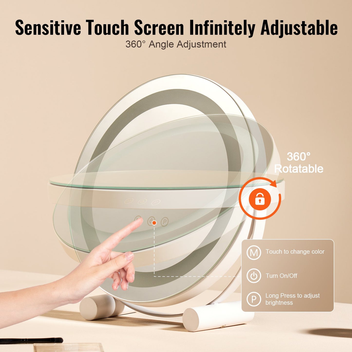 12” Sminkspegel med lampor LED sminkrund med Smart Touch för sovrum