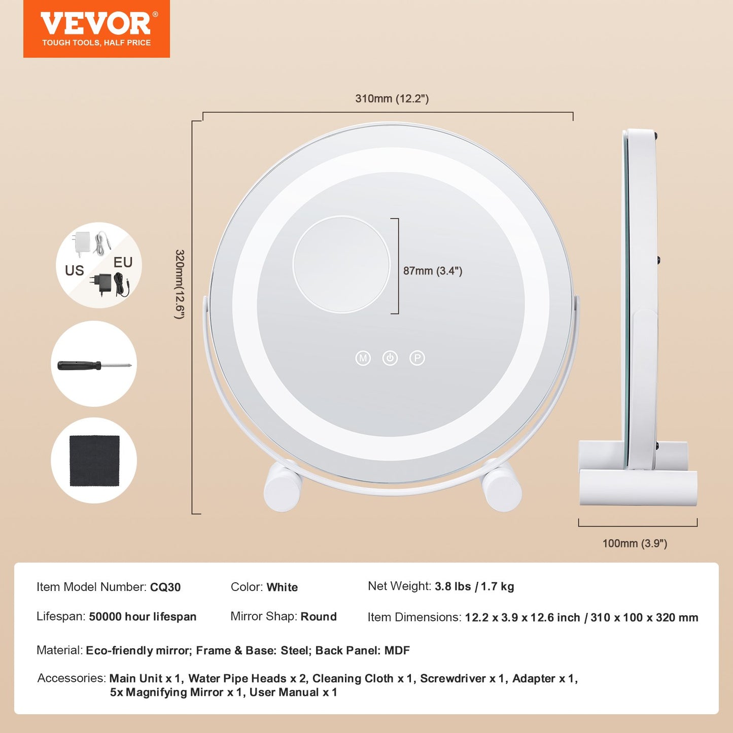 12” Sminkspegel med lampor LED sminkrund med Smart Touch för sovrum
