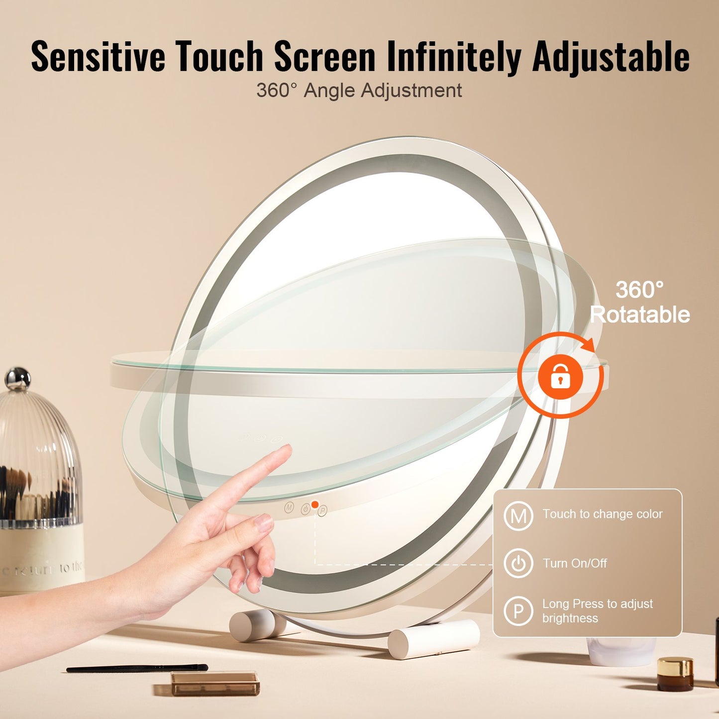 20” sminkspegel med lampor LED sminkrund med Smart Touch för sovrum
