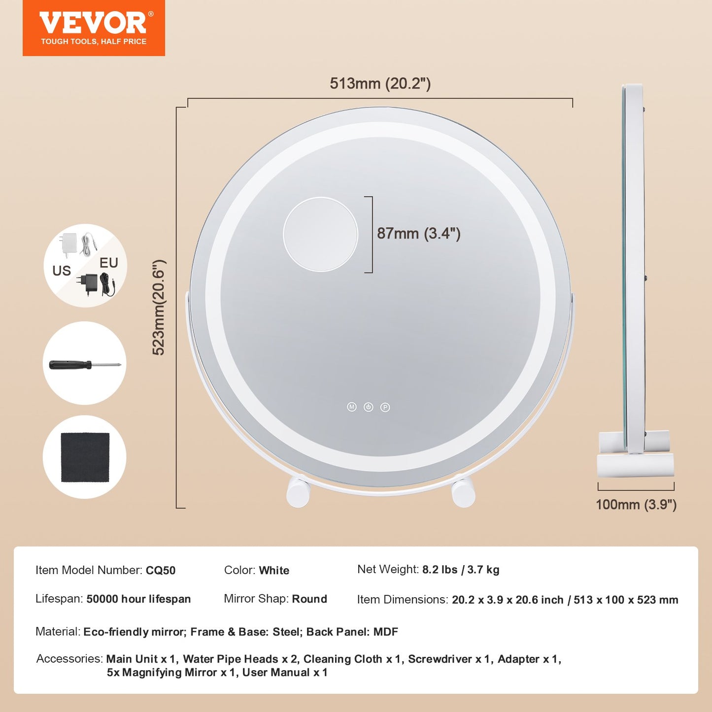 20” sminkspegel med lampor LED sminkrund med Smart Touch för sovrum