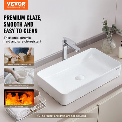 Modern Ceramic Sink 24"x13.8" Bathroom Bowl Countertop White
