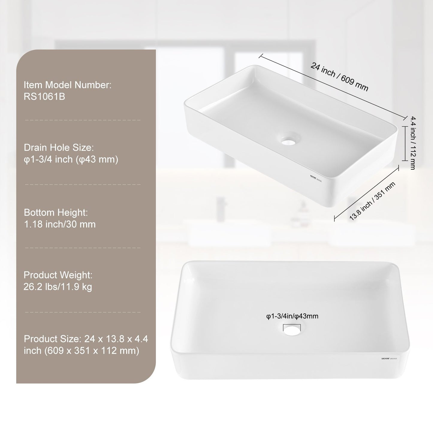 Modern Ceramic Sink 24"x13.8" Bathroom Bowl Countertop White