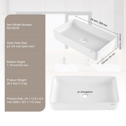 Modern Ceramic Sink 24"x13.8" Bathroom Bowl Countertop White