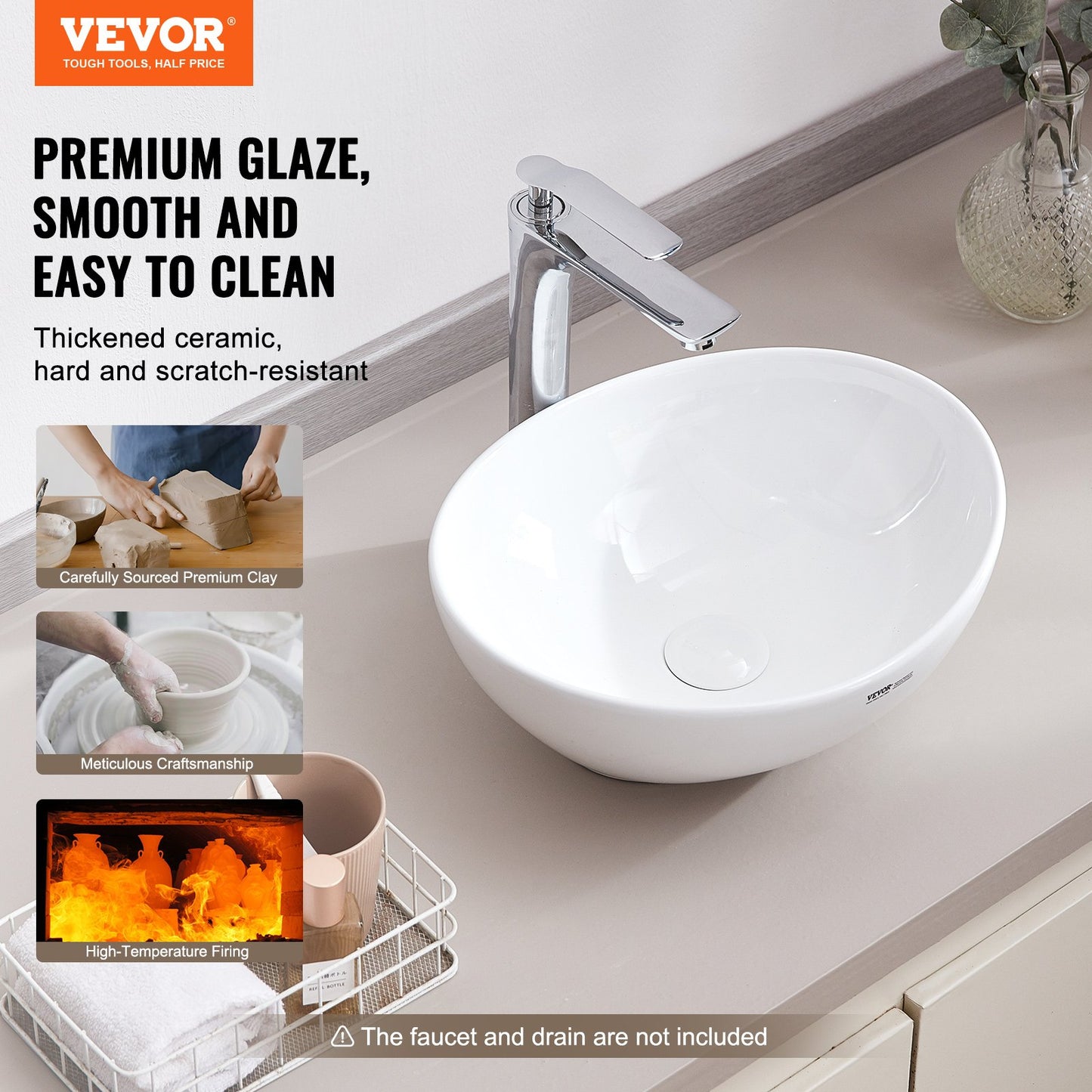 Modern Ceramic Sink 16"x13.4" Bathroom Bowl Countertop White