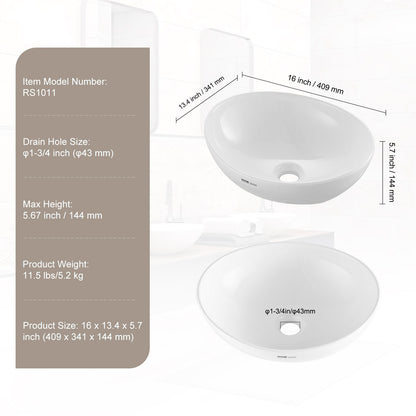 Modern Ceramic Sink 16"x13.4" Bathroom Bowl Countertop White
